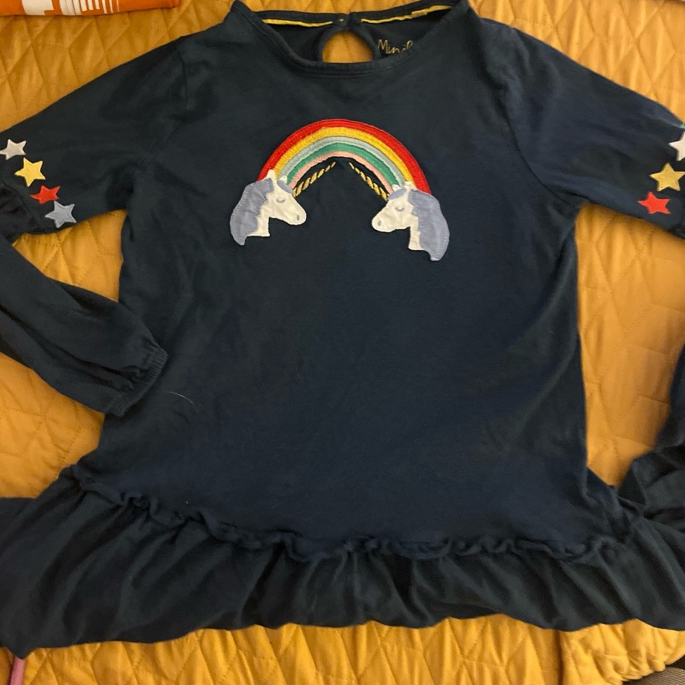Mini Boden Navy Rainbow Unicorn Applique Tiered Dress 9-10Y